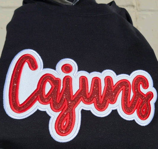 "Cajuns" Red Glitter Offset in Neon White Glitter  Embroidered Sweatshirt Double Layer Glitter Script