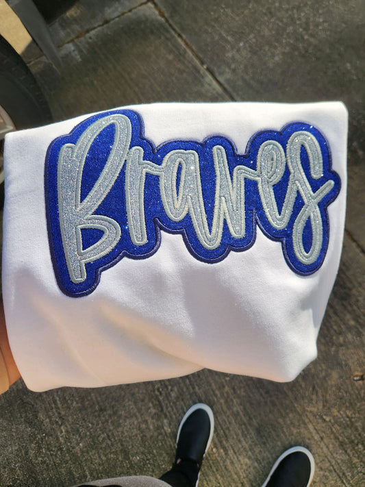 "Braves" Silver Glitter Offset in Royal Blue Glitter Embroidered Sweatshirt Double Layer Glitter Script