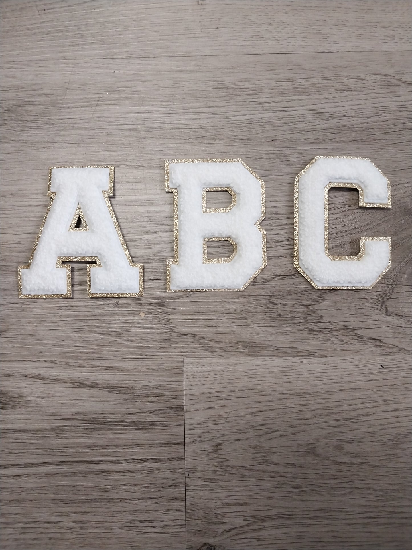 Chenille Letter Patch -3" White w/Gold Fine Glitter Trim