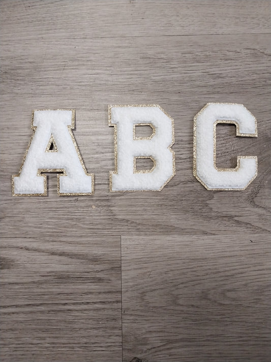 Chenille Letter Patch -3" White w/Gold Fine Glitter Trim