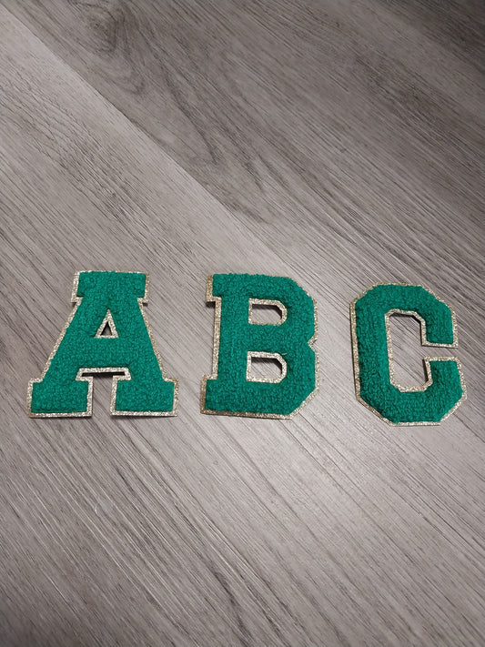 Chenille Letter Patch -3" Green w/Gold Fine Glitter Trim