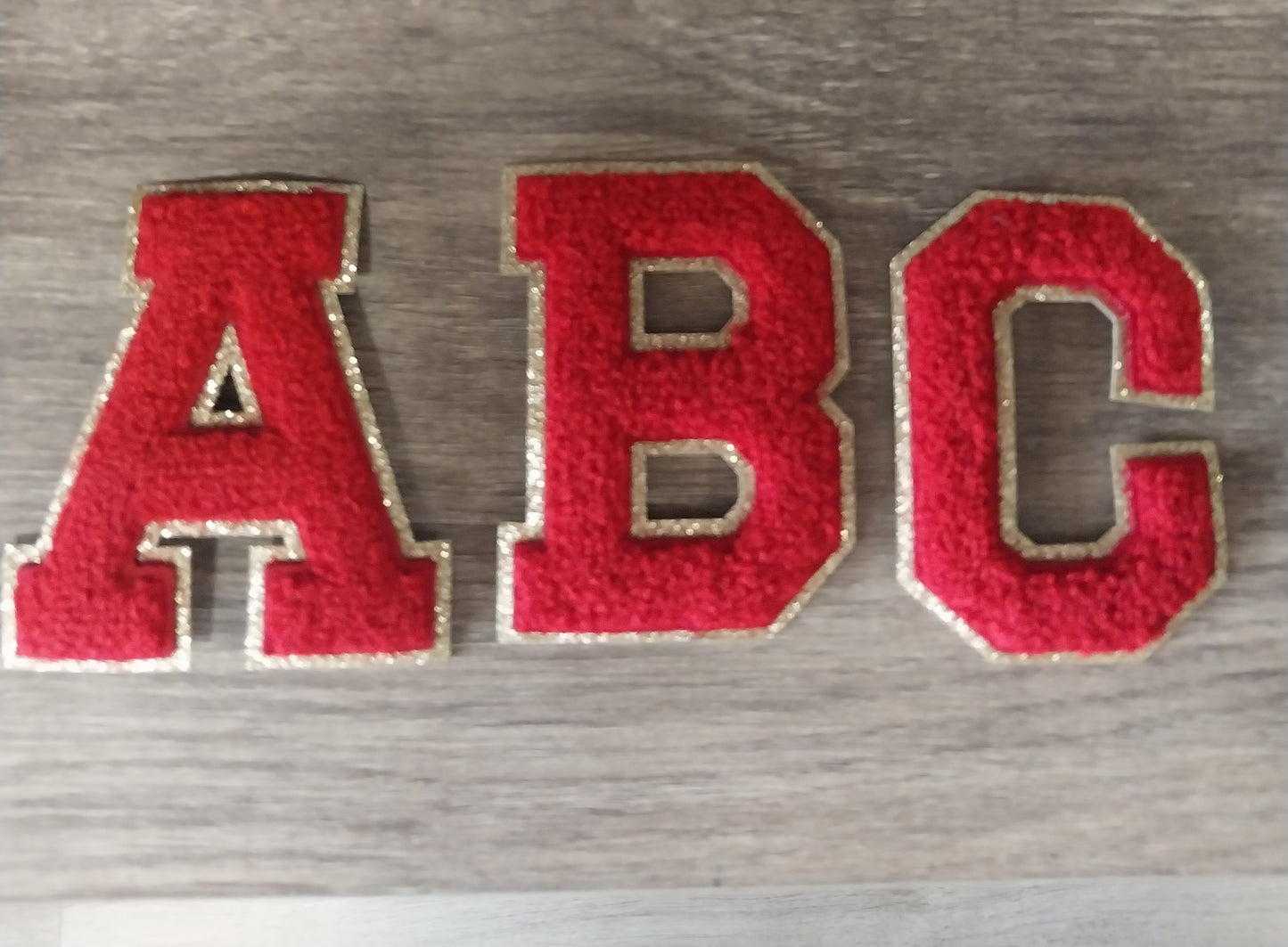 Chenille Letter Patch -3" Red w/Gold Fine Glitter Trim