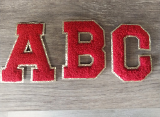 Chenille Letter Patch -3" Red w/Gold Fine Glitter Trim