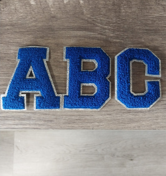 Chenille Letter Patch -3" Royal w/Silver Fine Glitter Trim