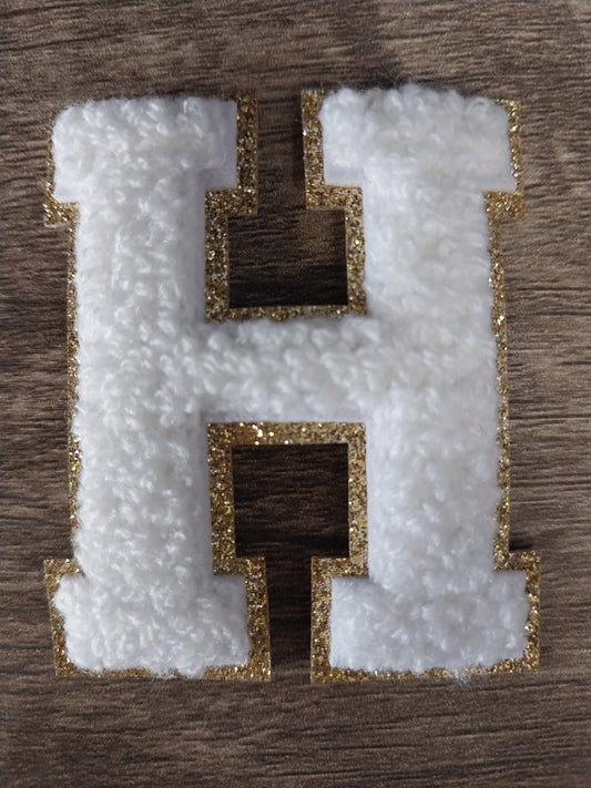 Chenille Letter Patch -2.35" White w/Fine Gold Glitter Trim