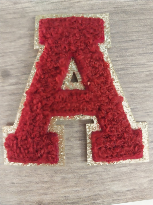 Chenille Letter Patch -2.35" Burgundy w/Fine Gold Glitter Trim