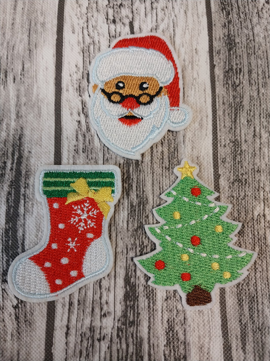 Santa with Glasses, Stocking & Christmas Tree Set - Embroidered Patch -