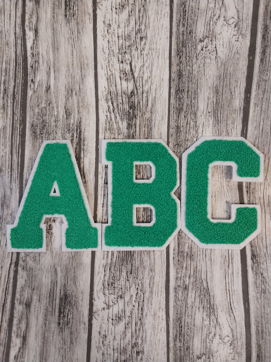 Chenille Letter Patch -3.75H X 2.5W" Kelly Green W/White Trim