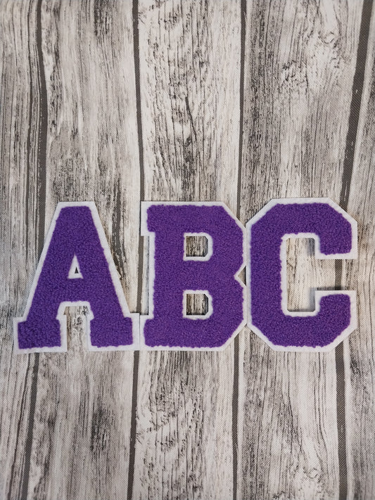 Chenille Letter Patch -3.75" X 2.5"W Purple W/White Trim