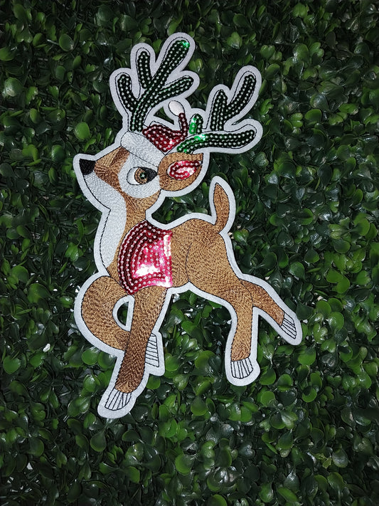 Reindeer w/Santa Hat  Embroidered/Sequin Patch