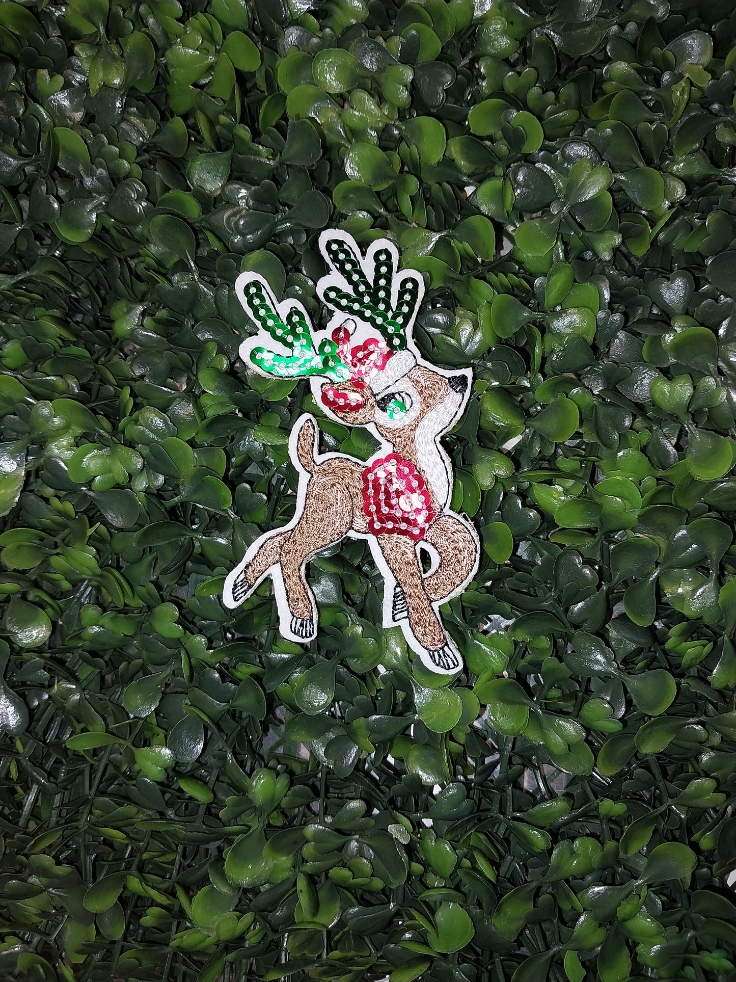 Reindeer w/Santa Hat  Embroidered/Sequin Patch