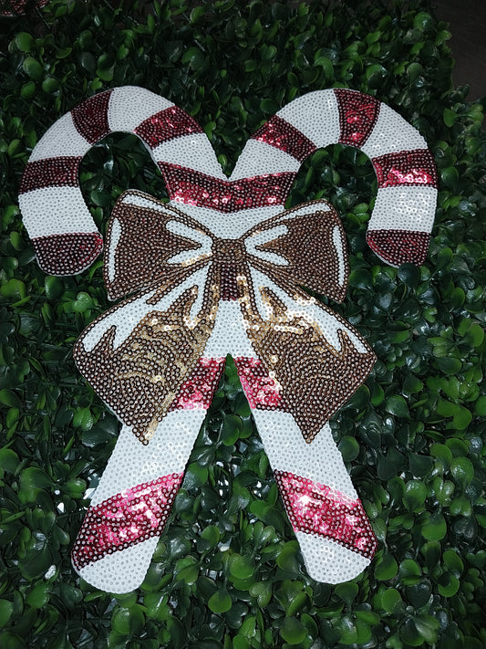 ) Sequin Candy Cane w/Bow Patch