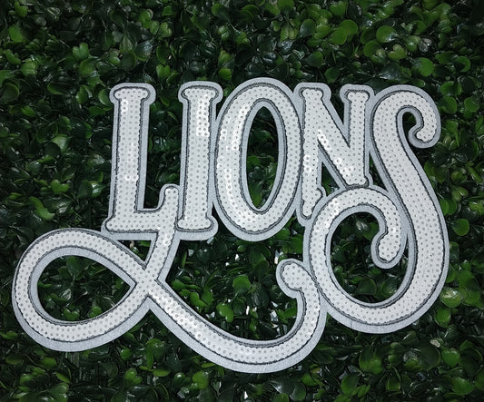 "LIONS"  Script White Sequin  Patch