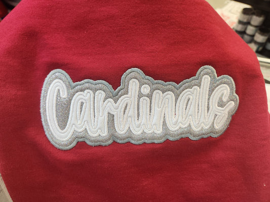"Cardinals" White Glitter Offset in Silver Confetti Glitter Embroidered Sweatshirt Double Layer Glitter Script