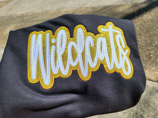 "Wildcats" White Glitter Offset in Gold Glitter Embroidered Sweatshirt Double Layer Glitter Script