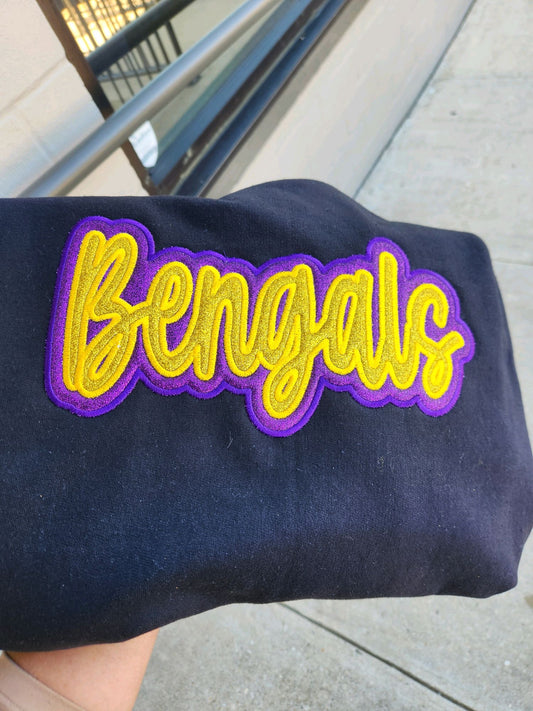"Bengals" Gold Glitter Offset in Purple Glitter Embroidered Sweatshirt Double Layer Glitter Script