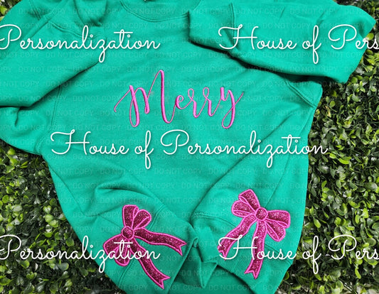 Merry Embroidered Sweatshirt with Bows