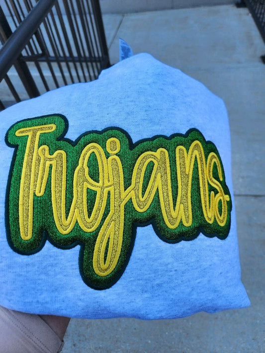 "Trojans" Dark Green Glitter Offset in Yellow Gold Glitter Embroidered Sweatshirt Double Layer Glitter Script