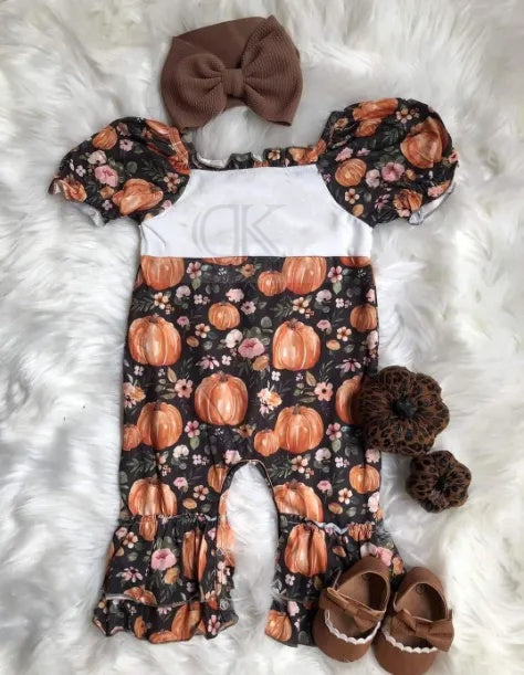 Sublimation Black with Pumpkins Puff Sleeve Ruffle Romper