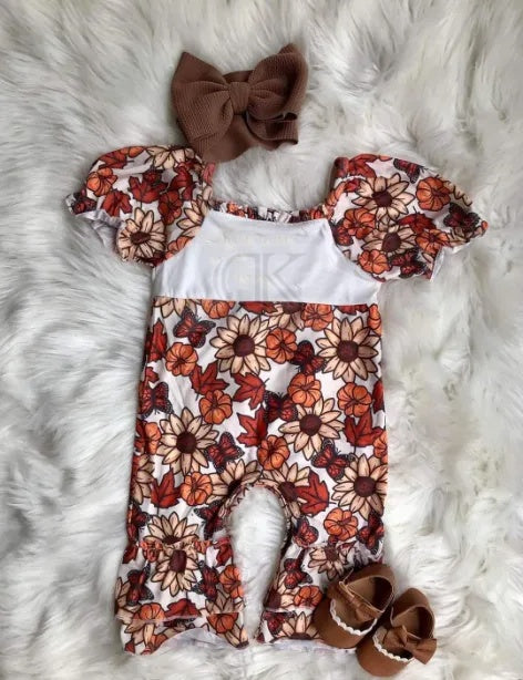 Sublimation Fall Flowers Puff Sleeve Ruffle Romper