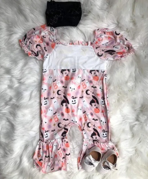 Sublimation Pink Halloween Puff Sleeve Ruffle Romper