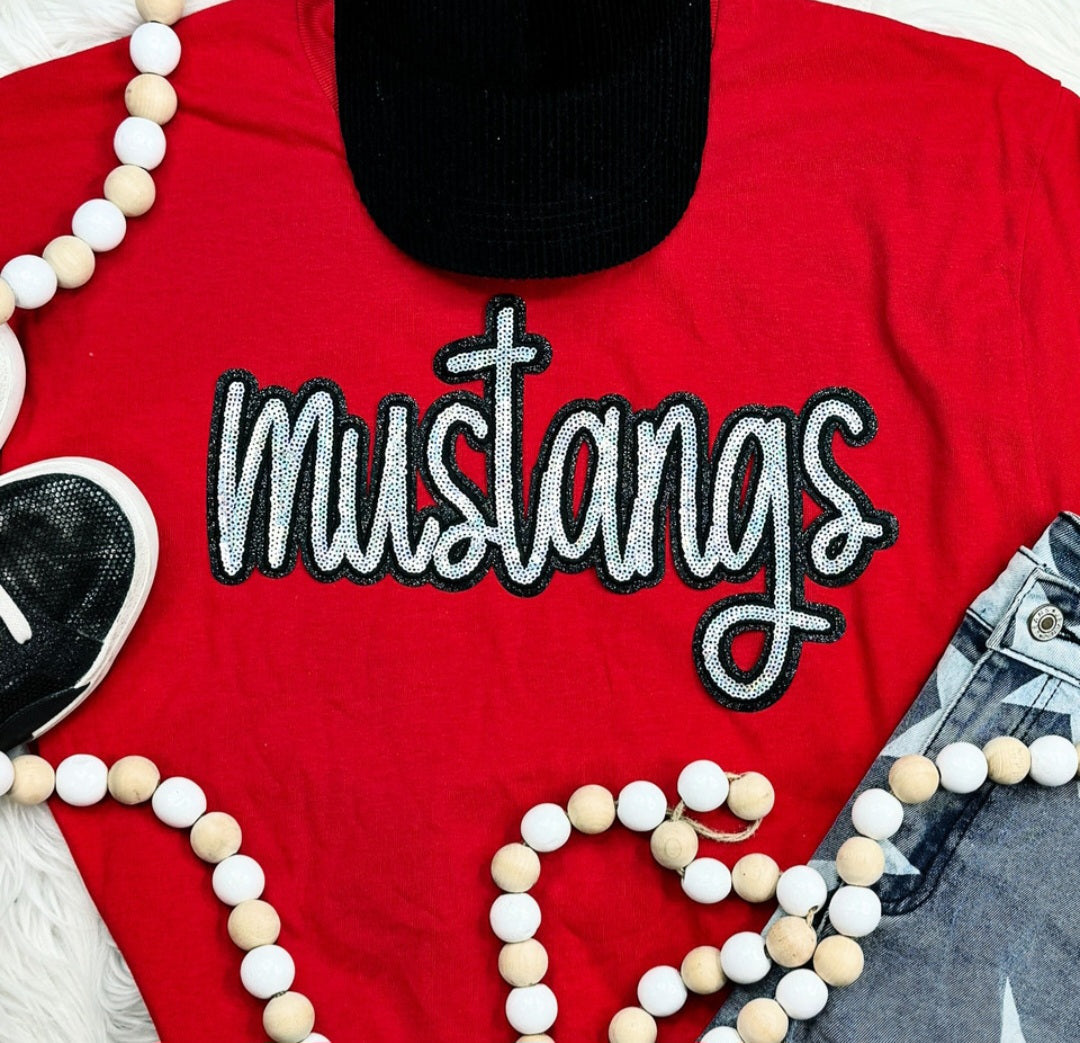 "Mustangs" 11.6"W X 6.5"H Team Spirit Mascot Sequin Patch Silver and Black