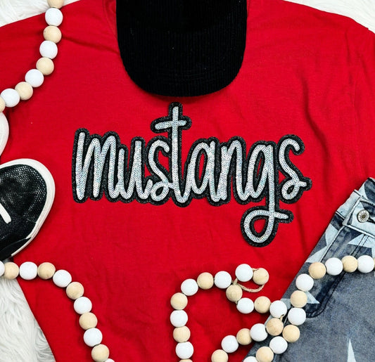 "Mustangs" 11.6"W X 6.5"H Team Spirit Mascot Sequin Patch Silver and Black