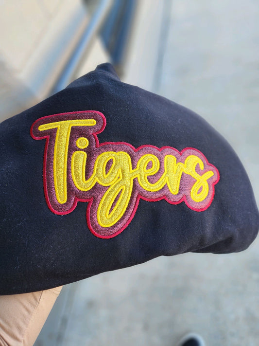 "Tigers" Yellow Gold Glitter Offset in Burgundy Glitter Embroidered Sweatshirt Double Layer Glitter Script