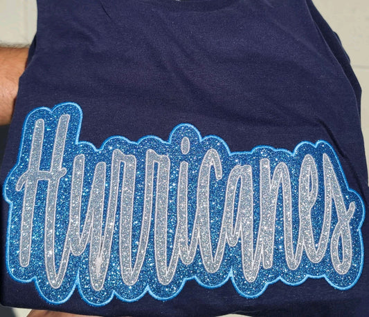 "Hurricanes" Silver Glitter Offset in Old Blue Glitter Embroidered Sweatshirt Double Layer Glitter Script