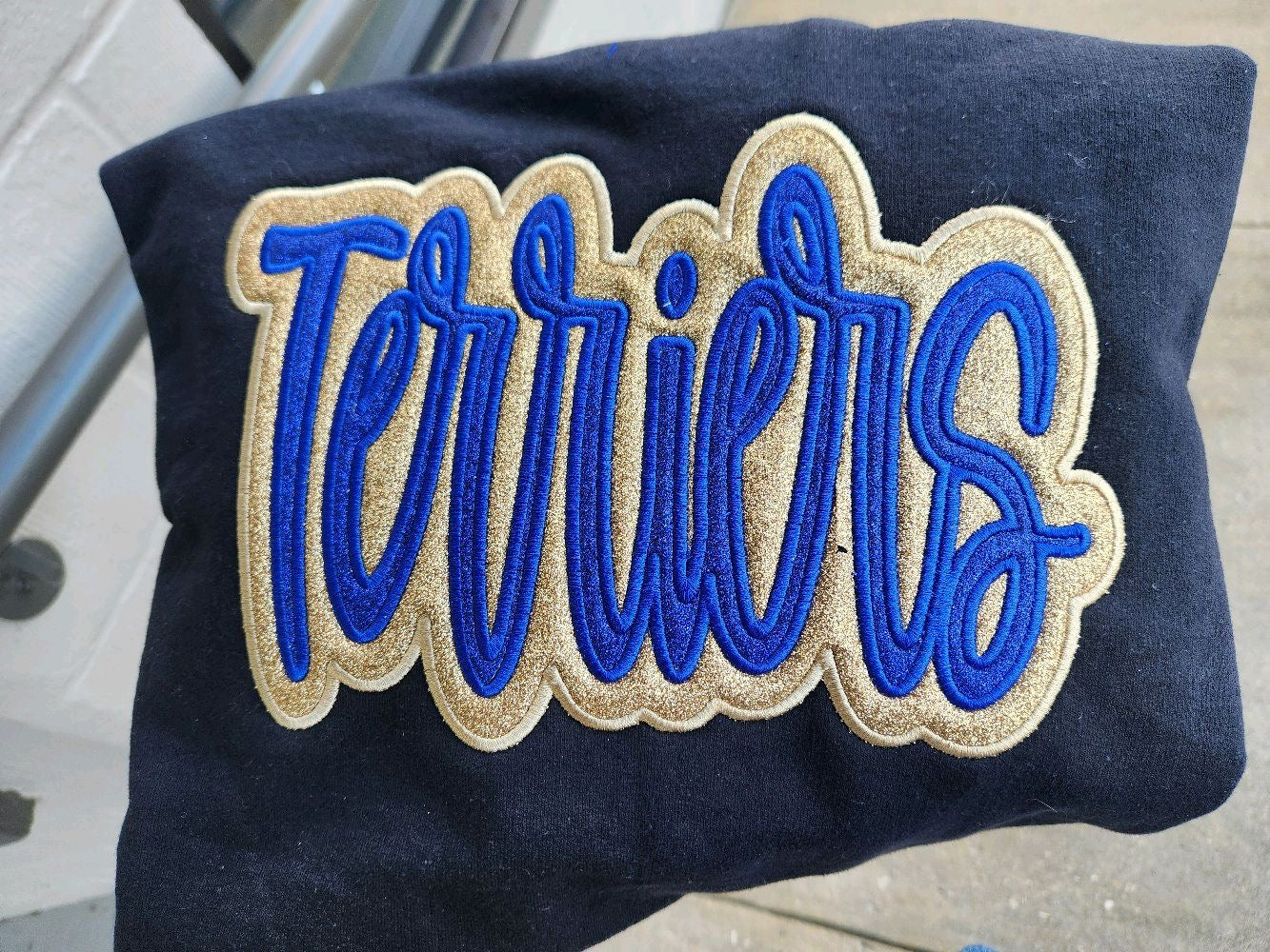 "Terriers" Royal Glitter Offset in Old Gold Glitter Embroidered Sweatshirt Double Layer Glitter Script