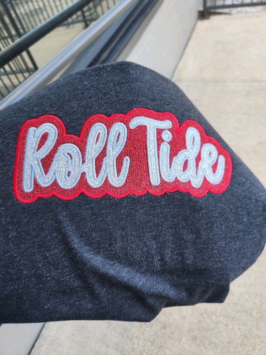 "Roll Tide" Silver Glitter Offset in Red Glitter Embroidered Sweatshirt Double Layer Glitter Script