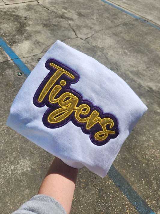 "Tigers" Gold Glitter offset in Purple Glitter Embroidered Sweatshirt Double Layer Glitter Script