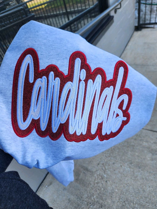 "Cardinals" White Glitter Offset in Red Glitter Embroidered Sweatshirt Double Layer Glitter Script