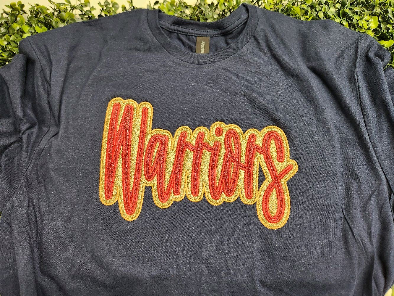 "Warriors" Red Glitter Offset in Old Gold Glitter Embroidered Sweatshirt Double Layer Glitter Script