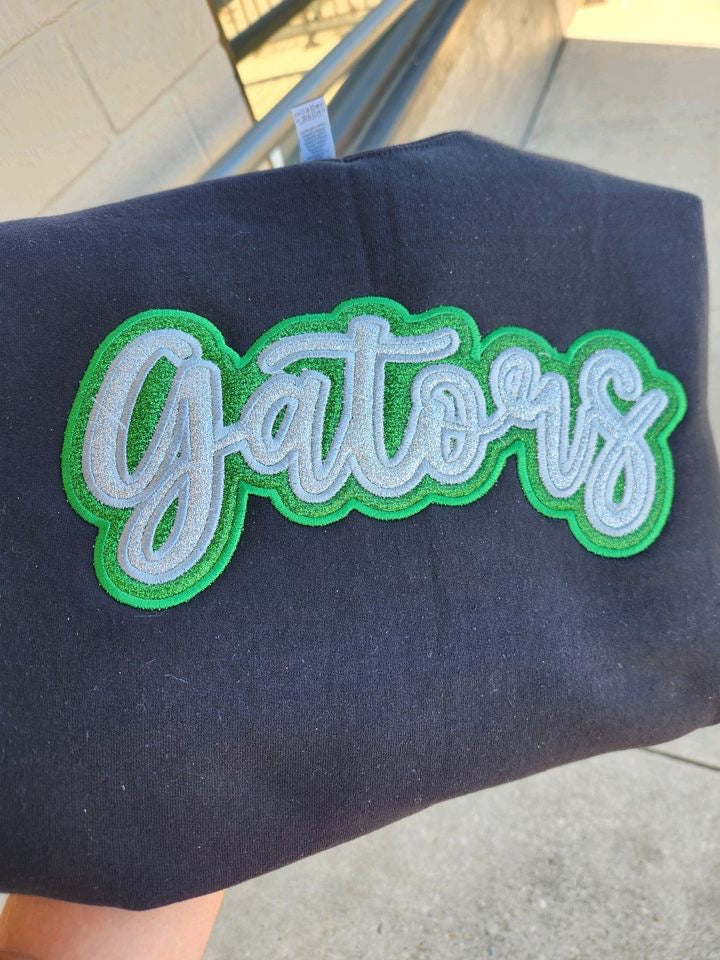 "Gators" Silver Glitter Offset in Grass Green Glitter Embroidered Sweatshirt Double Layer Glitter Script