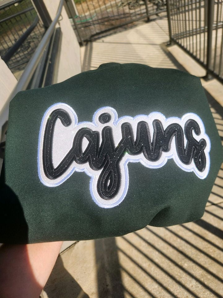"Cajuns" Black Glitter Offset in Neon White Glitter Embroidered Sweatshirt Double Layer Glitter Script