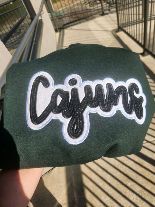 "Cajuns" Black Glitter Offset in Neon White Glitter Embroidered Sweatshirt Double Layer Glitter Script