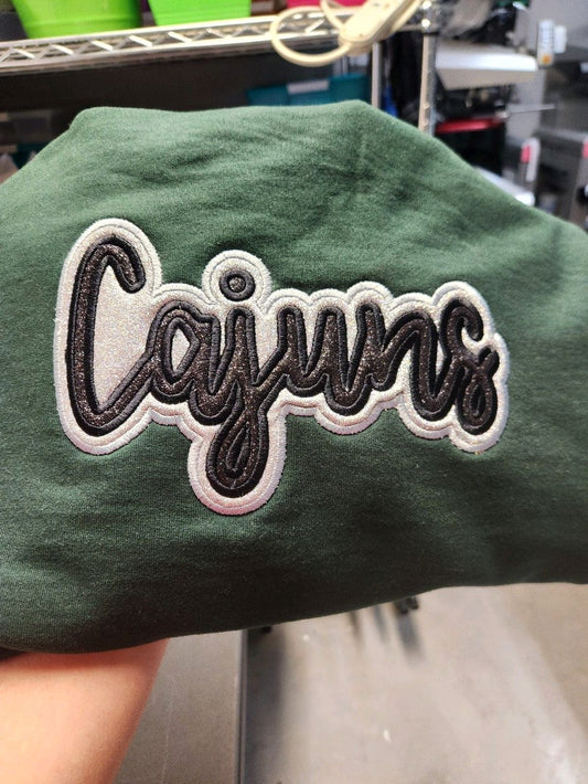 "Cajuns" Black Glitter Offset in Silver Glitter Embroidered Sweatshirt Double Layer Glitter Script