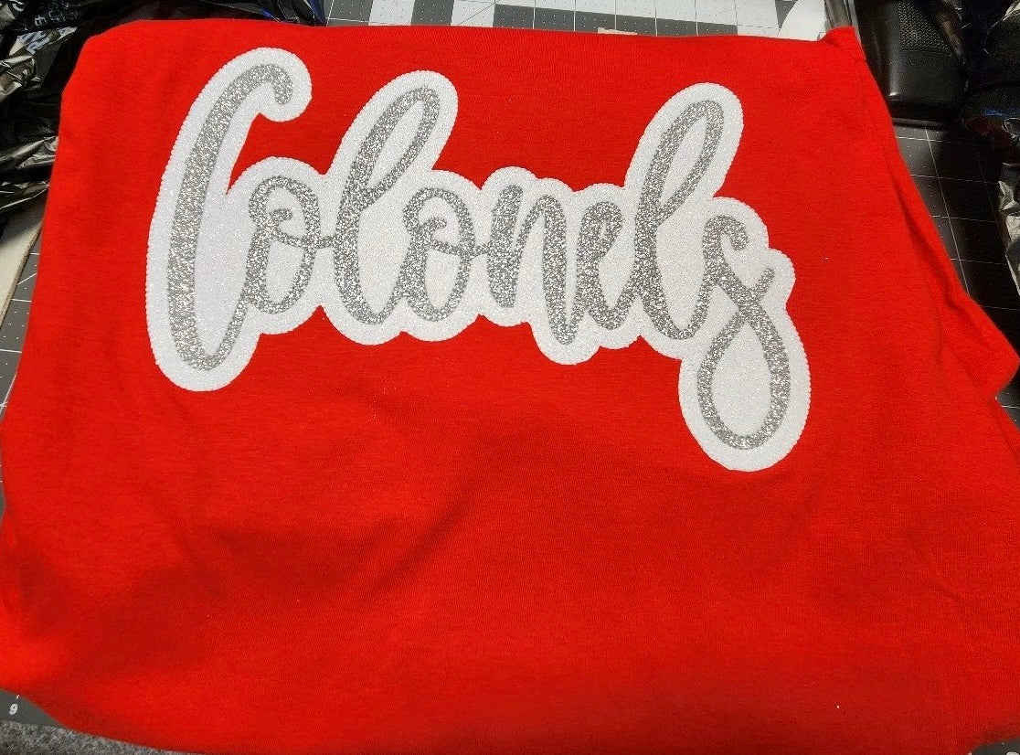 "Colonels" Silver Glitter Offset in White Glitter Embroidered Sweatshirt Double Layer Glitter Script