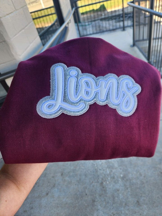 "Lions" Burgundy Glitter Offset in Silver Embroidered Sweatshirt Double Layer Glitter Script