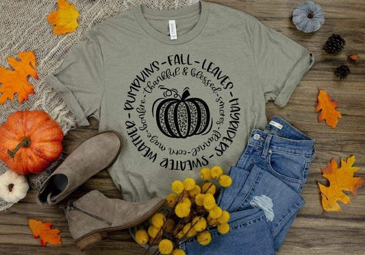 Fall Words Circle With Leopard Pumpkin Single Color (Adult)