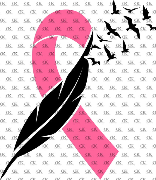 Pink Ribbon with feather and birds in black (Direct To Film)