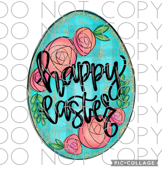 Happy Easter Teal Egg with Roses Full Color (Adult)