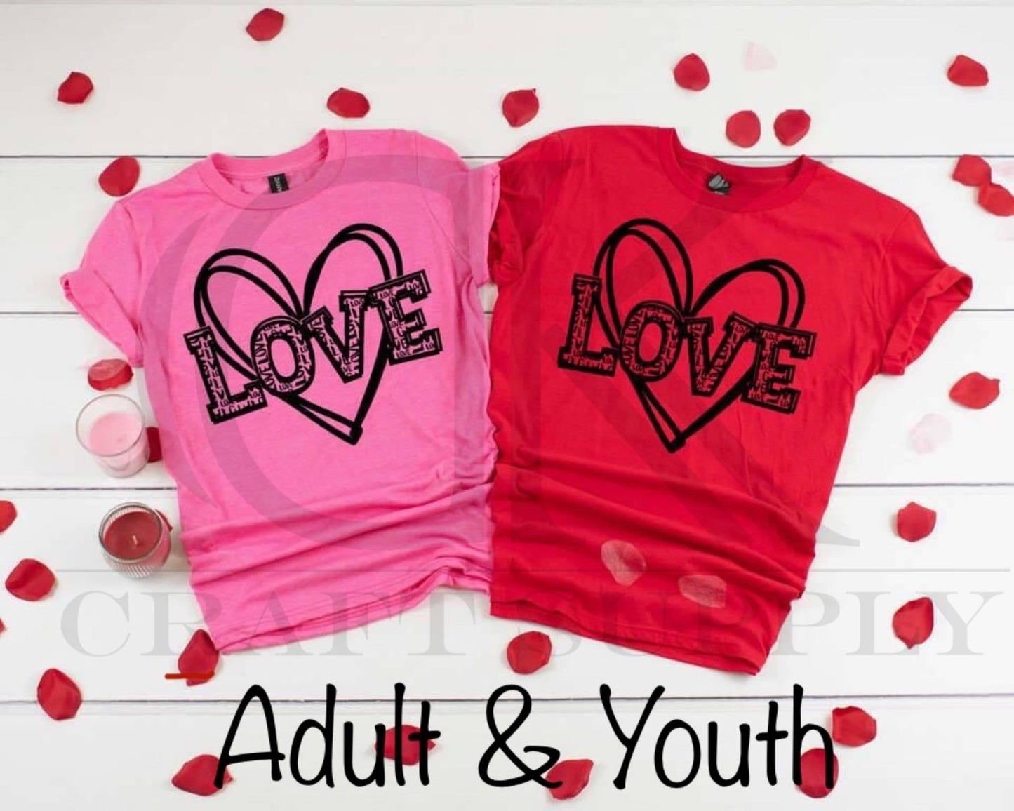Love with Heart on Heliconia and Red Gildan Soft-Style Tee (Adult and Youth)
