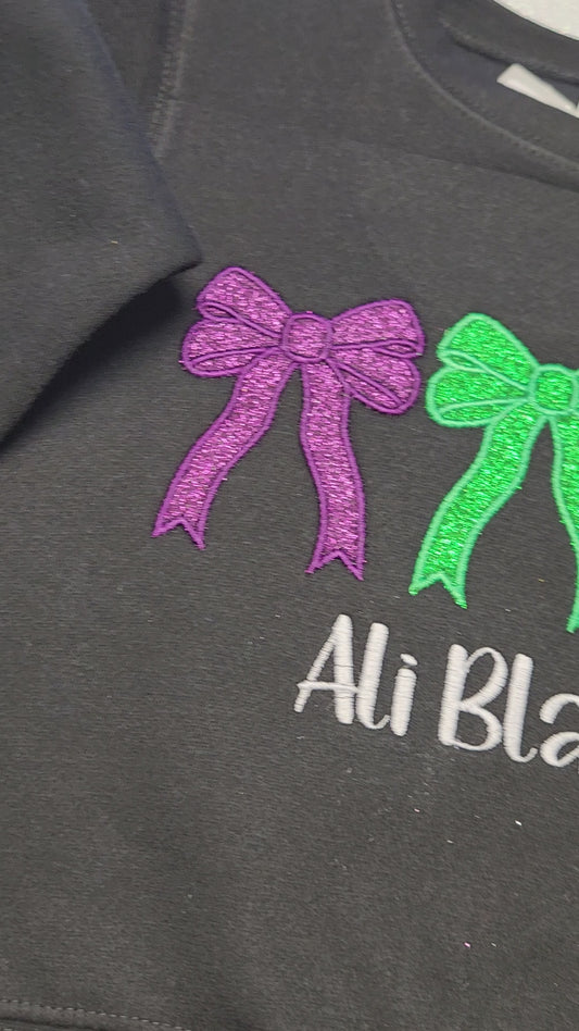 Glitter Embroidered Mardi Gras Triple Bows