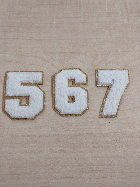 Chenille Numbers White with Gold Glitter Trim 2.5"