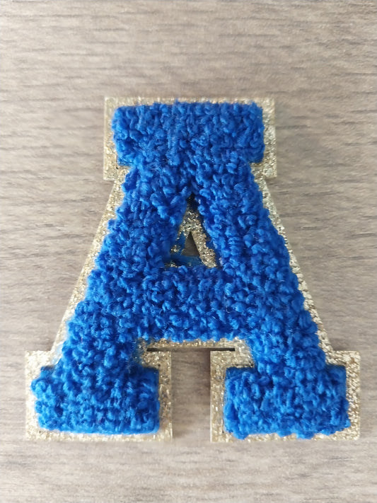 Chenille Letter Patch -2.35" Royal Blue w/Fine Gold Glitter Trim