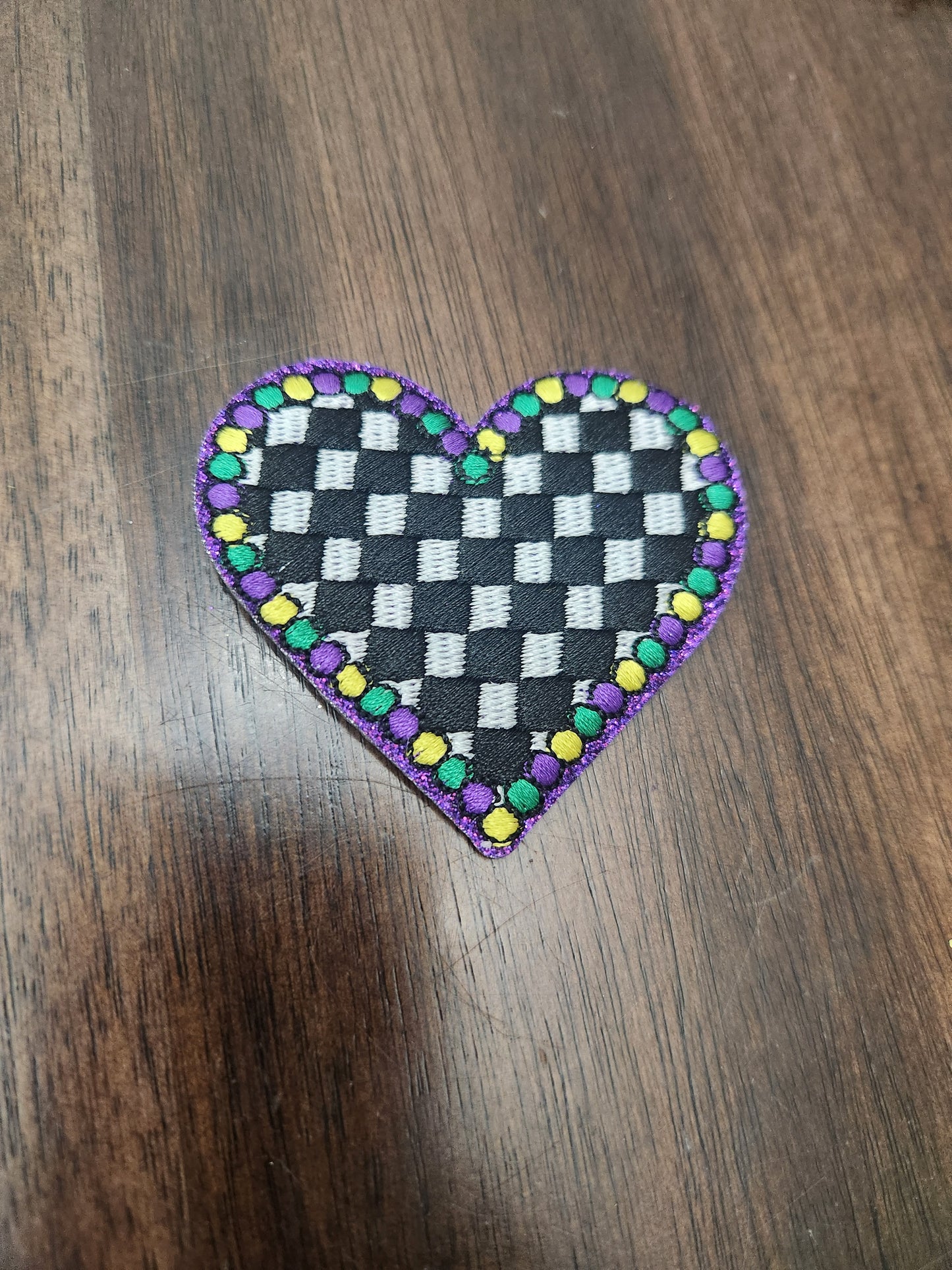 Mardi Gras Checkered Heart OSC Embroidered Patch