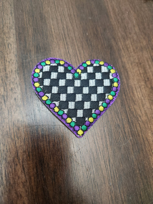 Mardi Gras Checkered Heart OSC Embroidered Patch
