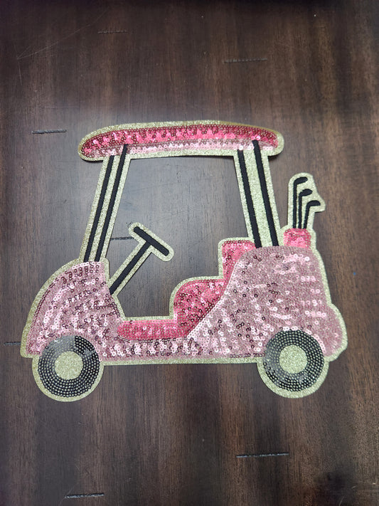 Hot Pink Golf Cart Sequin on Gold Glitter Iron On Patch